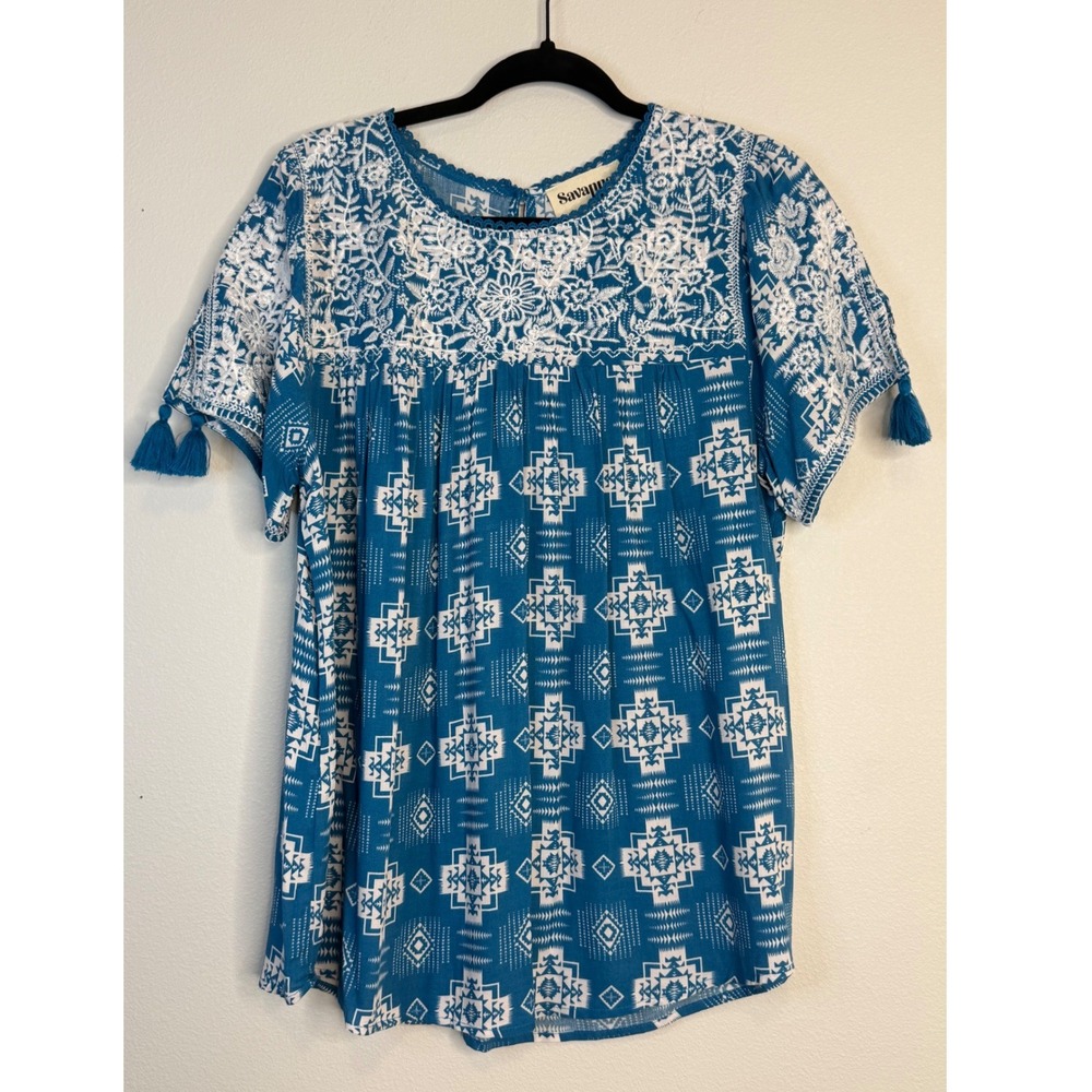 Savanna Jane Blue White Embroidered Tassel Boho Peasant Top Blouse Large